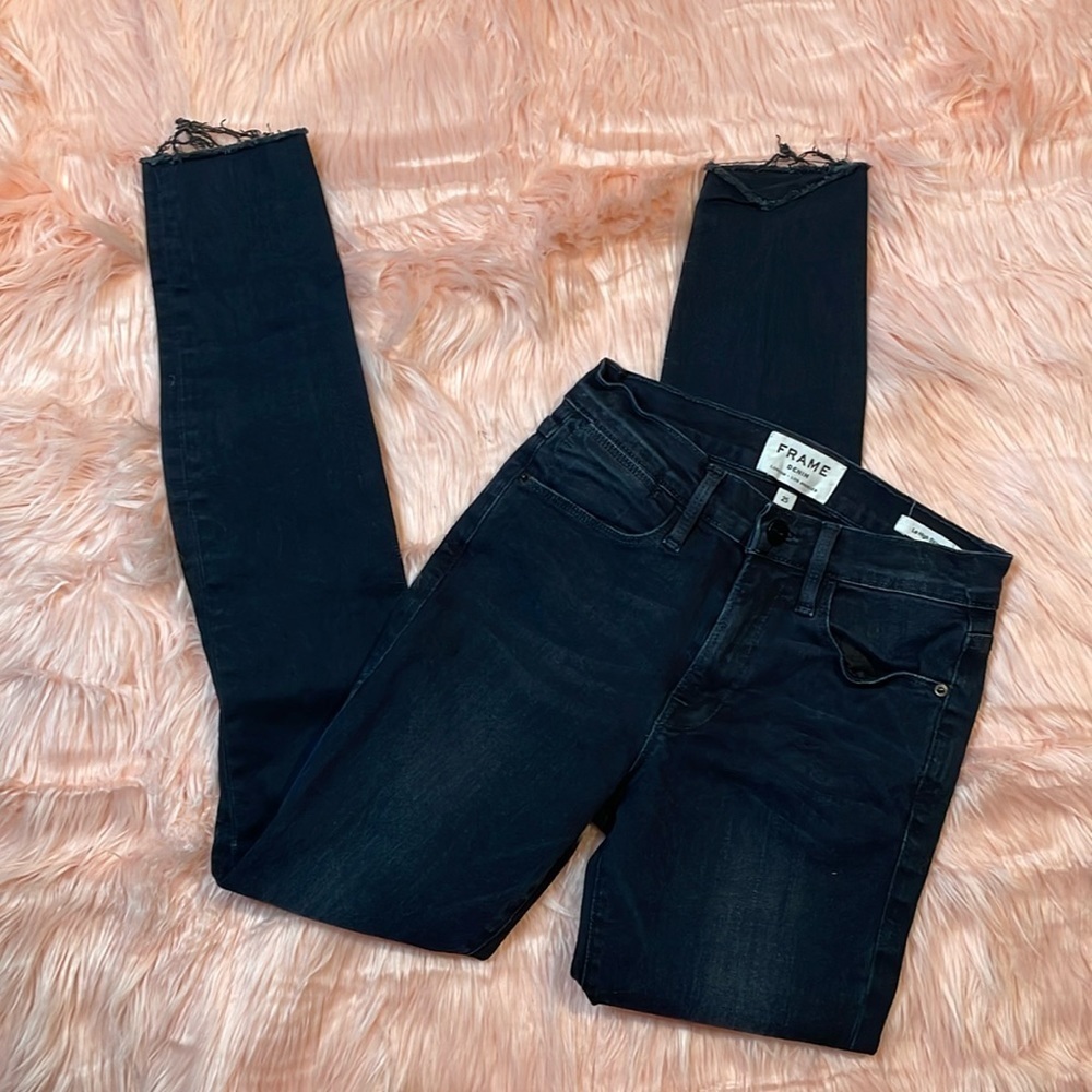 Frame Le High Skinny Super Dark Wash Distressed Stretch Jeans Size 25‎